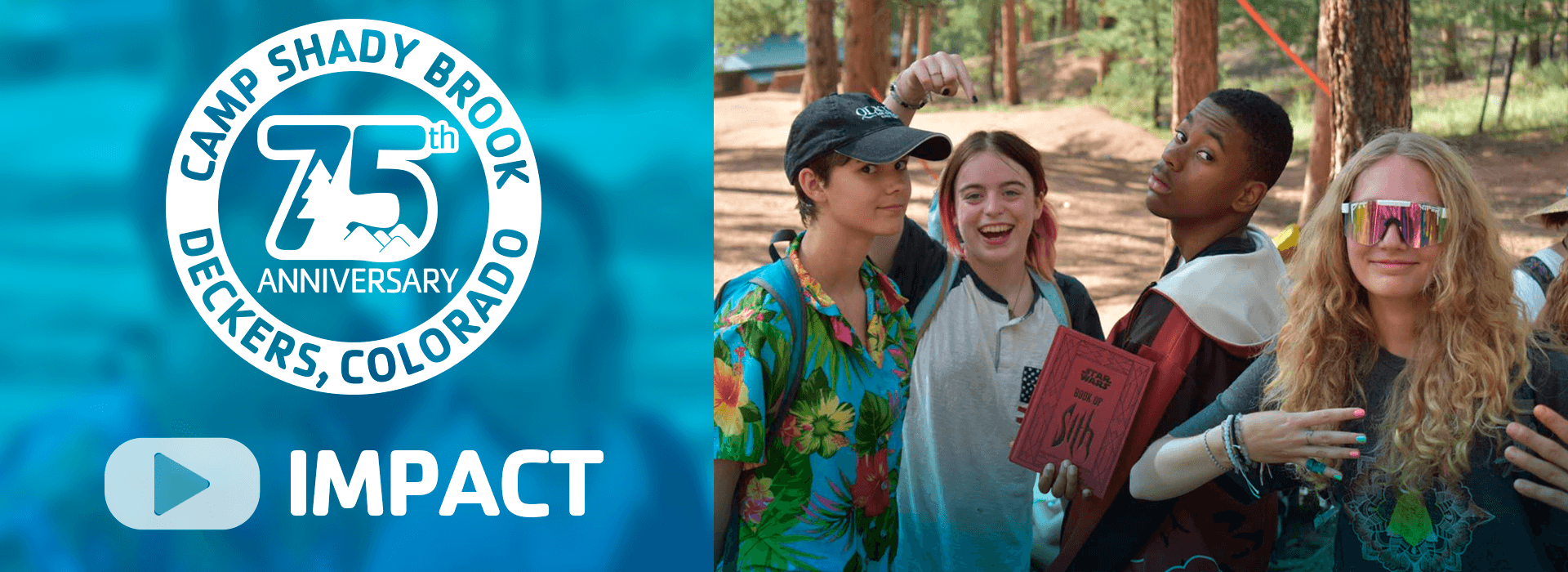 A group of campers posing for a camera next to an icon with the text Camp Shady Brook Deckers, Colorado 75th anniversary impact